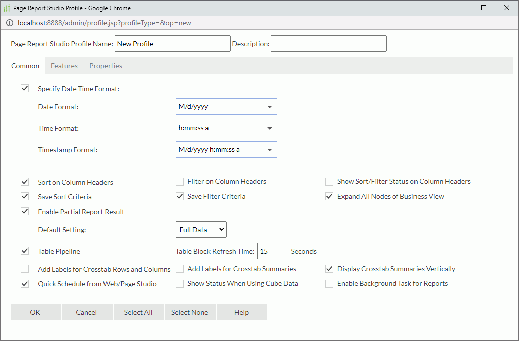 Page Report Studio Profile dialog box - Common tab