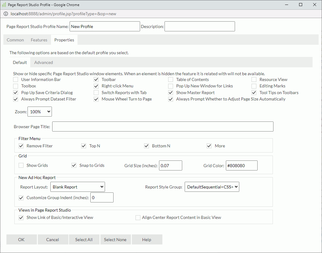 Page Report Studio Profile dialog box - Properties - Default tab