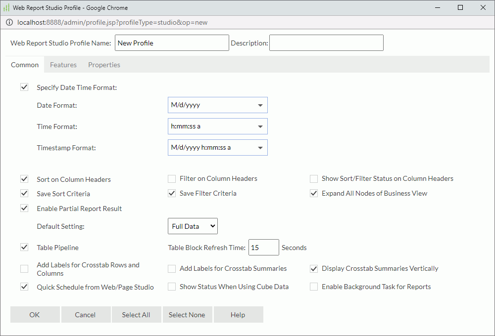 Web Report Studio Profile dialog box - Common tab